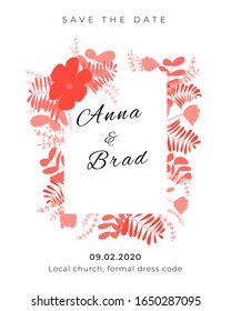 Wedding invitation design in flat style. Rectangular card decorated with red leaves and flowers vector illustration with text space.