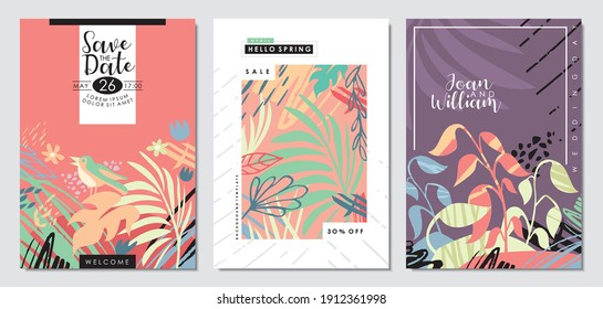 Wedding invitation design, floral spring notebook or card cover, seasonal sale posters and flyers. May nature plants and flowers placard backdrop concept. Vector collection.