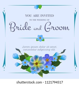 Wedding invitation design with forget me nots on light blue background. Text in frame can be used for invitation cards, postcards, save the date templates