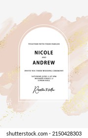 Wedding Invitation Design Golden Glitter , Modern Stains Pink Abstract Brush Stroke . Save The Date, Bridal Invite, Bride-to-be, Mariage Ceremony Design 