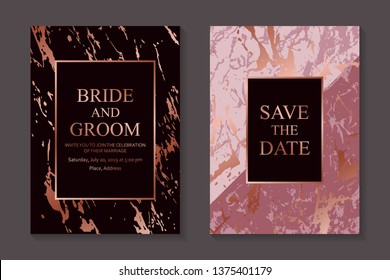 Wedding invitation design or greeting card templates with rose gold frames and text on a pink or black background with golden marble texture or paint splashes.