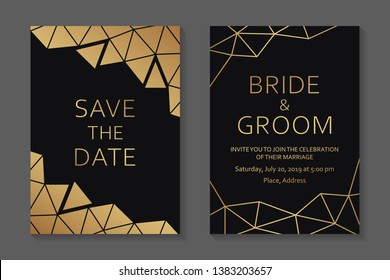 Wedding invitation design or greeting card templates with golden polygonal borders on a black background.