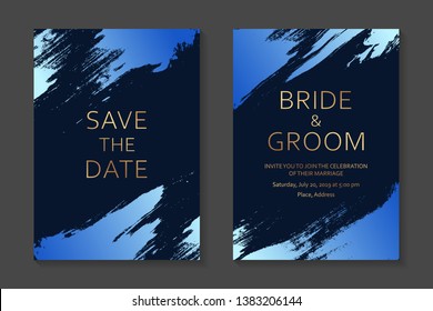 Wedding invitation design or greeting card templates with blue paint splashes and golden text on a dark background.