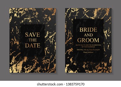 Wedding invitation design or greeting card templates with golden paint splashes or marble texture on a black background.