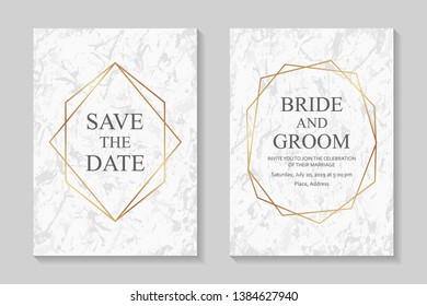 Wedding invitation design or greeting card templates with golden frames on a light gray marble background.