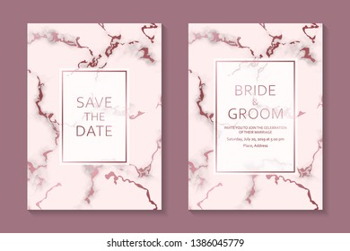 Wedding invitation design or greeting card templates with rose gold marble texture.