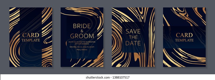 Wedding invitation design or greeting card templates with golden marble waves on a navy blue background.