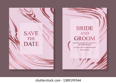 Wedding invitation design or greeting card templates with rose gold marble waves on a pink background.