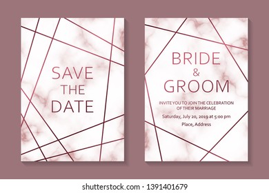 Wedding invitation design or greeting card templates with dark red geometric borders on a pink marble background.