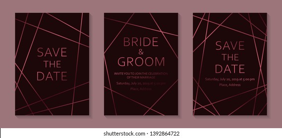 Wedding invitation design or greeting card templates with dark rose gold geometric borders on a dark burgundy background.