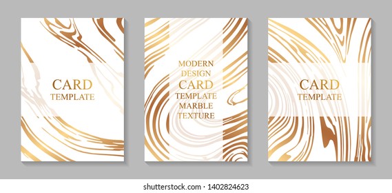 Wedding invitation design or greeting card templates with golden marble waves or streaks on a white background.