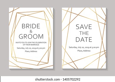 Wedding invitation design or greeting card templates with golden geometric borders and lines on a white burgundy background.