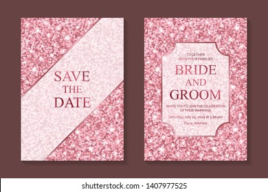 Wedding Invitation Design Or Greeting Card Templates With Rose Gold Geometric Borders On A Shiny Bright Glitter Pink Background.