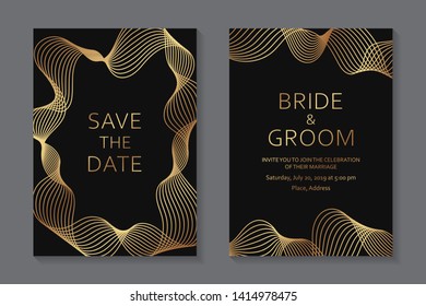 Wedding invitation design or greeting card templates with golden geometric waves of lines on a black background.
