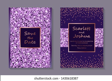 Wedding Invitation Design Or Greeting Card Templates With Sparkling Purple Glitter Confetti And Rose Gold Frames On A Dark Violet Background.