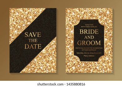 Wedding invitation design or greeting card templates with golden glitter and black background.