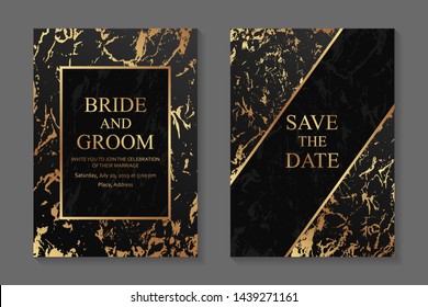 Wedding invitation design or greeting card templates with golden marble texture on a black background.