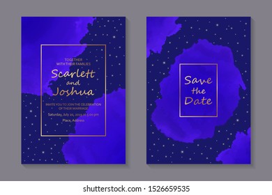 Wedding invitation design or greeting card templates with golden text on a blue cloudy night sky background with stars.