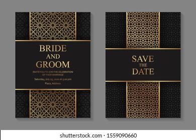 Wedding invitation design or greeting card templates with golden arabic ornament on a black background.