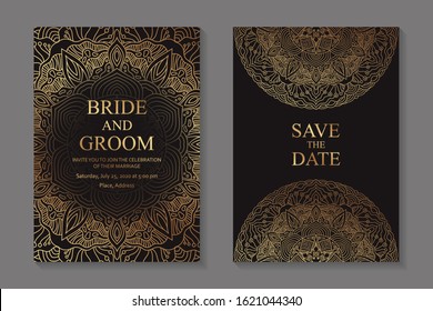 Wedding invitation design or greeting card templates with golden mandala on a black background.