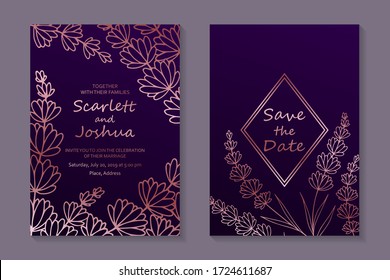 Wedding invitation design or greeting card templates with rose gold lavender flowers on a dark purple background.