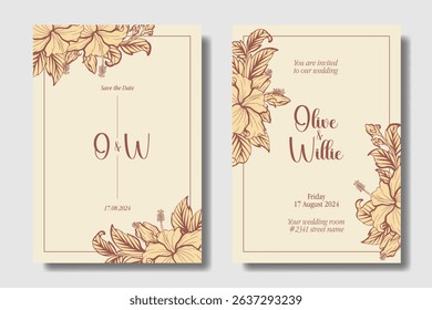 Wedding invitation design with hand drawing Hibiscus flower. Chestnut Rose, Buff, and Champagne. Two concept for flexibility usage