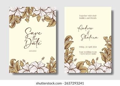 Wedding invitation design with hand drawing Hibiscus flower. Burnt Umber, Light Ivory, and Lavender Blush. Two concept for flexibility usage