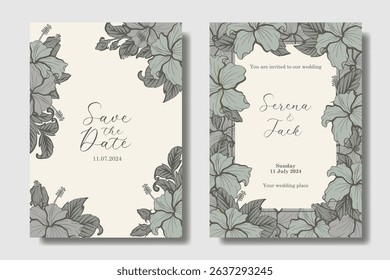 Wedding invitation design with hand drawing Hibiscus flower. Ash Gray, Ivory Cream, with Charcoal. Two concept for flexibility usage