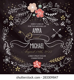 Wedding invitation design with hand drawing elements on chalkboard