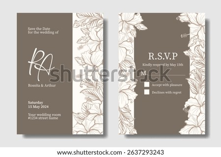 Wedding invitation design with hand drawing Hibiscus flower. Taupe, Rose Taupe with White Linen. Two concept for flexibility usage