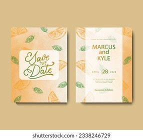 Wedding invitation design with hand drawn orange slices and leaves on a light orange background. Template for greeting card, cover, poster, brochure with place for text. Vector illustration.