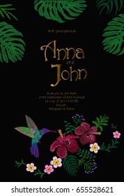 Wedding Invitation Design with Jungle Hawaii flowers. Save the Date Card with Tropical Exotic Palm Monstera Leaves. Hummingbird bird golden embroidery vector illustration art
