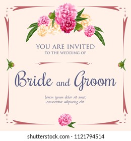 Wedding invitation design with peonies and frame on pink background. Text can be used for invitation cards, postcards, save the date templates