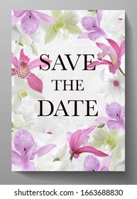 Wedding invitation design Save The Date. White background with orchid, magnolia flower bouquet. Beautiful floral vector template for wedding, elegant anniversary invitation, 8 March greeting card