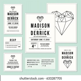 Wedding invitation design set with Invitation card, Save the date, RSVP card and Thank you card, Including alphabet to make cards easy customizable.