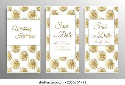Wedding invitation design. Set of elegant card templates with graphic floral patterns. Vector illustration.