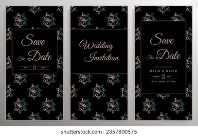 Diseño de la invitación a la boda. Conjunto de elegantes plantillas de tarjetas con patrones gráficos florales. Ilustración vectorial.