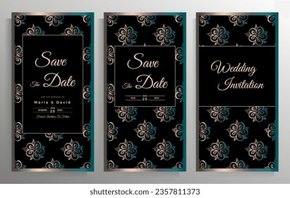 Wedding invitation design. Set of elegant card templates with graphic floral patterns. Vector illustration.