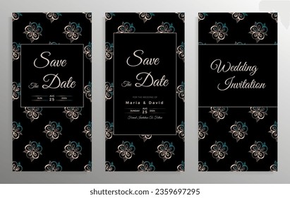 Wedding invitation design. Set of elegant card templates with graphic floral patterns. Vector illustration.