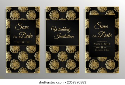 Wedding invitation design. Set of elegant card templates with graphic floral patterns. Vector illustration.