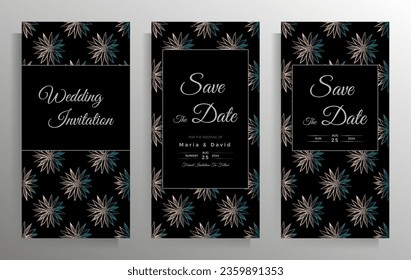 Diseño de la invitación a la boda. Conjunto de elegantes plantillas de tarjetas con patrones gráficos florales. Ilustración vectorial.