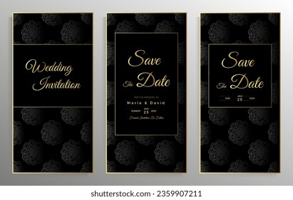 Diseño de la invitación a la boda. Conjunto de elegantes plantillas de tarjetas con patrones gráficos florales. Ilustración vectorial.