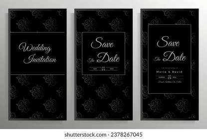 Hochzeitseinladung-Design. Set von eleganten Kartenvorlagen mit grafischen Blumenmustern. Vektorgrafik.