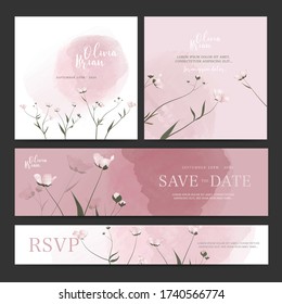 Wedding invitation design set. Ivy, leaves. Pastel shades. Watercolor. Pink flowers. Invitation, celebration, marriage.