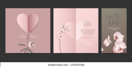 Wedding invitation design set. Ivy, leaves and names in the heart. Pink orchid flower. Wedding, invitation, celebration, event.