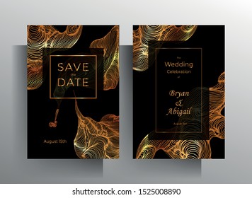 Wedding invitation design. Set of patterns on a black background, decorated with hand-drawn golden elements. EPS vector 10