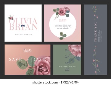 Wedding invitation design set. Pink roses, bridal veil, bow tie, leaves, thanks, celebration.