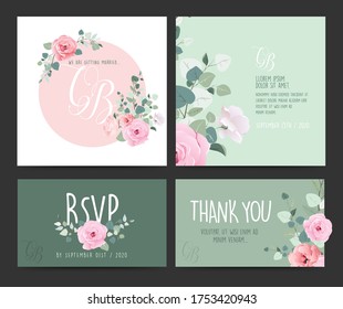Wedding invitation design set. Pink, red roses, bridal veil, leaves, celebration.  Romantic, pastel hues. Message in the letter. Bunch of roses.