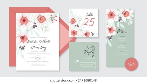 Wedding Invitation design set template with beautiful Daffodil flowers, watercolor floral wedding invitation	
