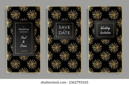Wedding invitation design. A set of vector templates of the same format. Elegant cards with floral patterns black and gold.